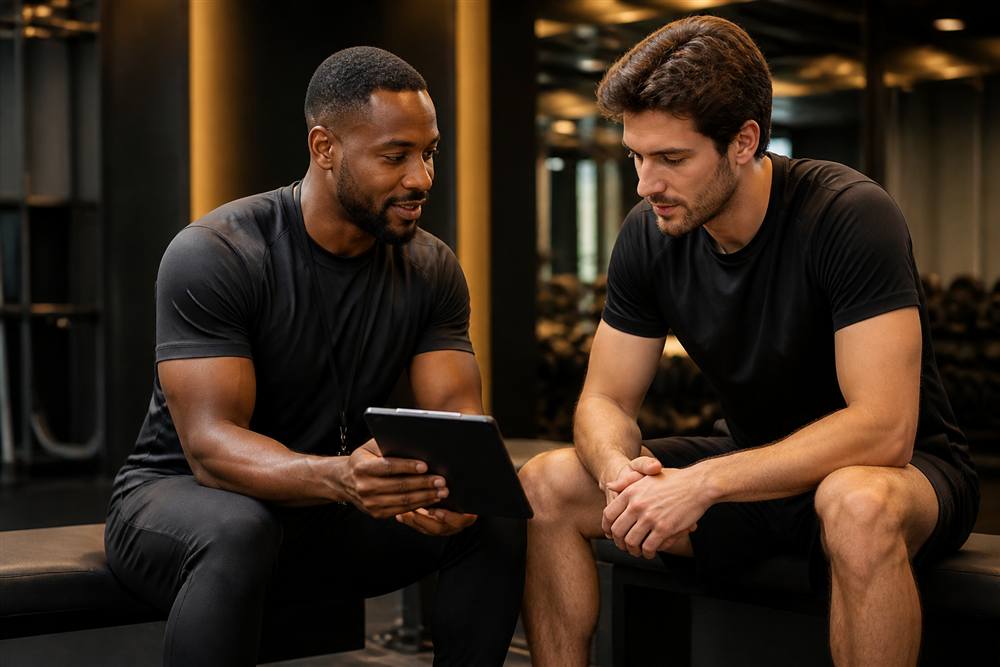 Coach sportif échangeant avec son client sur son programme d'entraînement